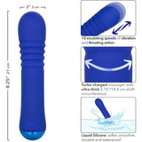 The CalExotics Thicc Chubby Thrusting Wand is a blue silicone vibrator with a ribbed, ultra-thick 8.25 in (21 cm) shaft, featuring multiple vibration and thrusting speeds plus a waterproof design. Diagrams highlight key features and splash effects.