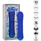 The CalExotics Thicc Chubby Thrusting Wand, a blue silicone vibrator with ribbed texture, is shown beside its box. Icons show 10 speeds, dual motors, waterproof, USB rechargeable, travel lock, and 1-year warranty.