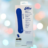 A product package for the Thicc Chubby Thrusting Wand by CalExotics displays an image of the blue device, features on the left, and USB recharge info with branding at the bottom.