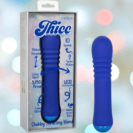 The CalExotics Thicc Chubby Thrusting Wand is a blue silicone vibrator with a ribbed texture, 10 speeds, turbo motors, USB rechargeability, waterproof design, and features extra thick construction. Packaging reads "Thicc. 1080