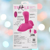 Packaging for the pink Triple Rider Remote Control Ecstasy Rumbler by CalExotics, featuring product highlights, remote control instructions, and USB rechargeability on a softly blurred light background.