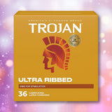 Trojan Ultra Ribbed Condoms by Trojan come in a 36-count box with an orange design featuring the Trojan helmet logo. These lubricated latex condoms have ribs for enhanced stimulation and pleasure.