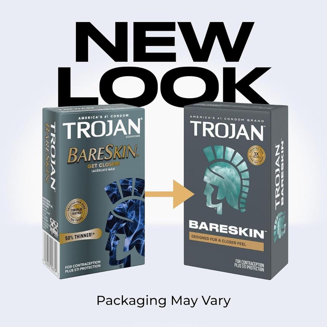 Two boxes of Trojan BareSkin Ultra Thin Condoms by Trojan are shown: the left has the old design, and the right features a new look with a teal helmet logo. An arrow points from old to new. Text says "NEW LOOK" and "Packaging may vary." Enjoy ultra-thin closeness.