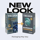 Two boxes of Trojan BareSkin Ultra Thin Condoms by Trojan are shown: the left has the old design, and the right features a new look with a teal helmet logo. An arrow points from old to new. Text says "NEW LOOK" and "Packaging may vary." Enjoy ultra-thin closeness.