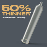 A transparent Trojan BareSkin Ultra Thin Condom appears with the text "50% THINNER* than Ribbed Ecstasy" on a gray background, emphasizing Trojan's reputation for ultra-thin latex condoms.