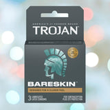 Trojan BareSkin Ultra Thin Condoms by Trojan feature a teal helmet logo and “Designed for a closer feel.” Each box includes 3 ultra-thin latex condoms for contraception and STI protection.