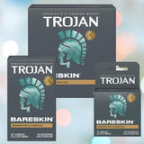 Three boxes of Trojan BareSkin Ultra Thin Condoms by Trojan are displayed on a soft pastel background. The teal and silver packaging with a helmet logo highlights “Designed for a closer feel” and various pack sizes are shown.