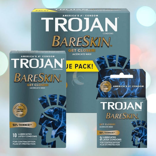 Here is an image featuring three boxes of Trojan BareSkin Ultra Thin Condoms by Trojan. The packaging highlights latex that is "50% thinner" and assures a "Triple Tested" quality for a closer connection. The middle box, labeled as a "Value Pack," promises maximum protection against a blue and gray background. 1080