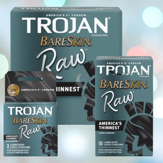 Three boxes of Trojan Bareskin Raw Ultra-Thin Condoms are displayed. The largest box on the right contains 10 lubricated, ultra-thin latex condoms for a natural experience. The middle box holds 3 condoms, and the smallest pack on the left highlights Trojan, America's number one condom brand. 1080