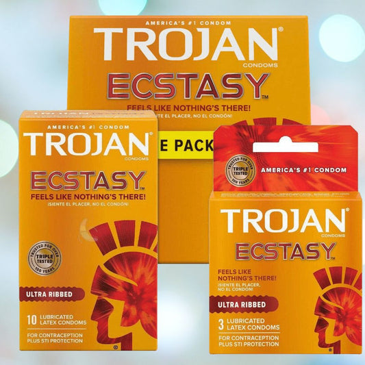 Three boxes of Trojan Ultra Ribbed Ecstasy Condoms are displayed, showcasing a gradient orange and yellow design with a red helmet image. The text reads "Feels Like Nothing's There!" and "America's #1 Condom." Packaging options include 10-count, 3-count, and a value pack, each featuring premium lubricant for enhanced pleasure. 1080