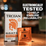 A box of Trojan G.O.A.T. Non-Latex Lubricated Condoms and a single orange wrapper are shown on wood, with the text: "Electronically tested to help ensure reliability.