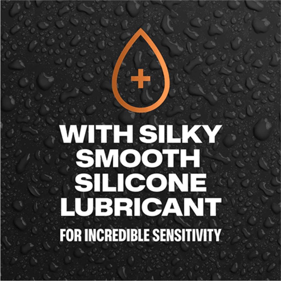Black background with water droplets and orange droplet icon above bold white text: "Silky smooth silicone lubricant for incredible sensitivity. Designed for Trojan G.O.A.T. Non-Latex Lubricated Condoms and other ultra flex condoms by Trojan.