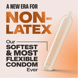 Promotional image with a transparent condom and bold text: "Experience a new era of non-latex. Trojan G.O.A.T. Non-Latex Lubricated Condoms—Trojan’s softest, most flexible ultra flex condoms yet.