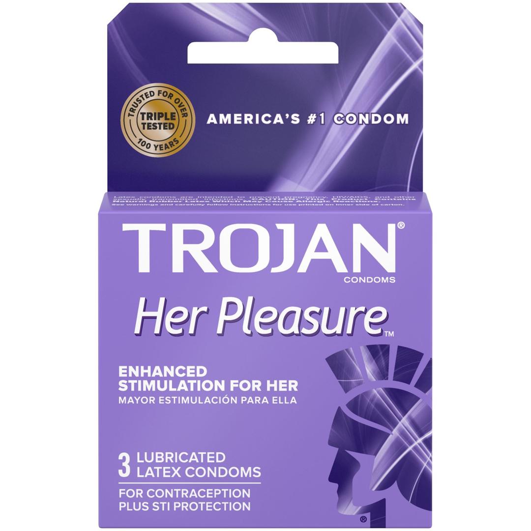 A purple box of Trojan Her Pleasure Sensations Ribbed Condoms by Trojan features abstract designs and text highlighting "enhanced stimulation for her," "3 lubricated latex ribbed condoms," and "America's #1 condom.