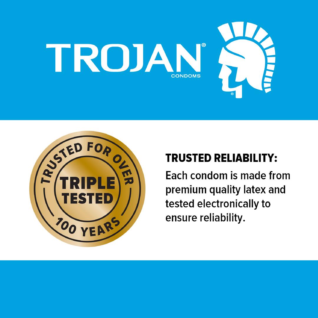 The Trojan Her Pleasure Sensations Ribbed Condoms logo features a gold badge stating "Trusted for over 100 years, triple tested." Each condom is made from premium latex, comfort fit, and electronically tested for reliability by Trojan.