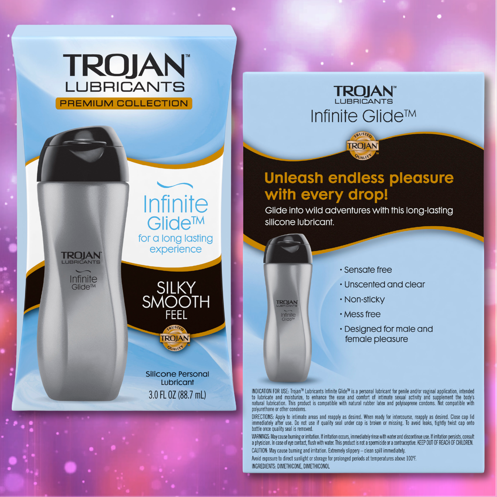 Trojan Infinite Glide - Premium Silicone-Based Personal Lubricant (3oz) bottle and packaging shown against a pink, sparkling background. Text highlights features like “silky smooth feel” and “Unleash endless pleasure with every drop!”—experience ultimate satisfaction and long-lasting lube performance with this premium lubricant from Trojan.