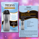 Trojan Infinite Glide - Premium Silicone-Based Personal Lubricant (3oz) bottle and packaging shown against a pink, sparkling background. Text highlights features like “silky smooth feel” and “Unleash endless pleasure with every drop!”—experience ultimate satisfaction and long-lasting lube performance with this premium lubricant from Trojan.