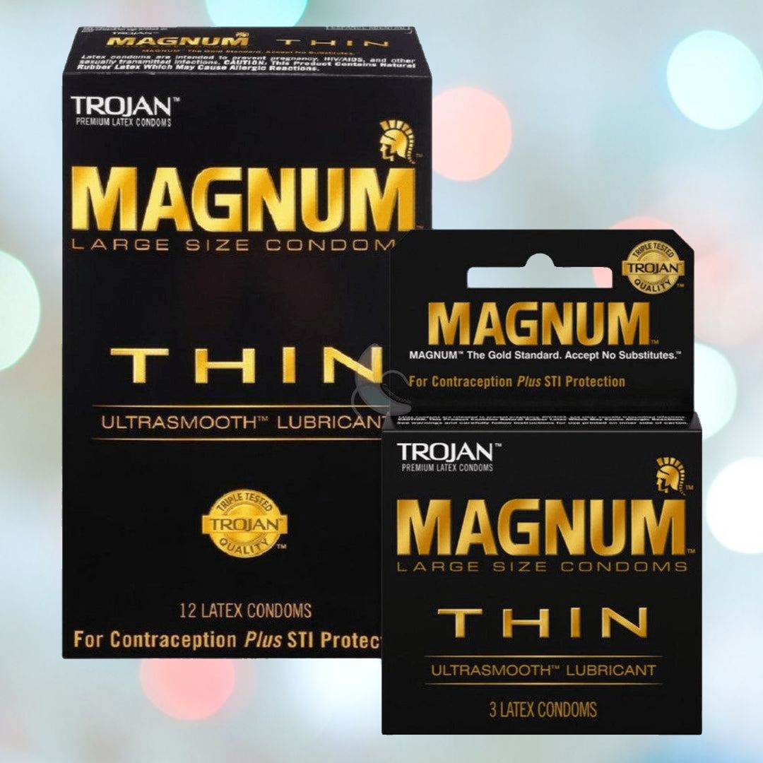 Image of two boxes of Trojan Magnum THIN Condoms by Trojan. The larger box contains 12 latex condoms, and the smaller one holds 3. Both packages highlight "Ultrasmooth™ Lubricant" and "STI Protection". Designed for comfort and sensitivity, the boxes showcase a striking black and gold color scheme.