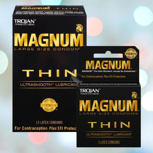 Image of two boxes of Trojan Magnum THIN Condoms by Trojan. The larger box contains 12 latex condoms, and the smaller one holds 3. Both packages highlight "Ultrasmooth™ Lubricant" and "STI Protection". Designed for comfort and sensitivity, the boxes showcase a striking black and gold color scheme. 1080