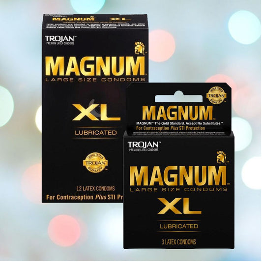 Displayed are boxes of Trojan Magnum XL Extra Large Lubricated Condoms from the Trojan brand, made with premium latex. One box contains 12 condoms, and the other holds 3. The softly blurred background showcases multicolored bokeh lights, adding a vibrant touch to the scene. 1080