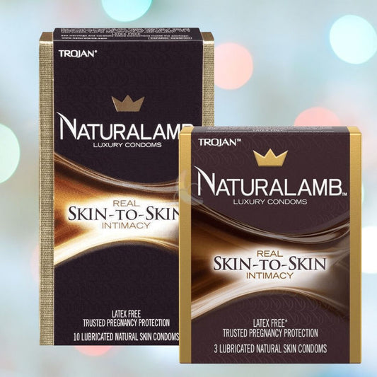 Image of two boxes of Trojan Naturalamb Latex-Free Condoms from the Trojan brand. The larger box contains 10 lubricated natural skin condoms, and the smaller box contains 3 lubricated natural skin condoms. The packaging highlights "Skin-To-Skin Intimacy" and "Latex-Free Trusted Pregnancy Protection. 1080