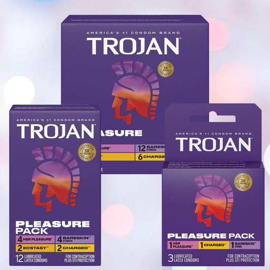 Three boxes of Trojan Pleasure Pack Variety Condom Sampler by Trojan, featuring a colorful design with the Trojan helmet logo and offering an assortment of condom types and quantities. 1080