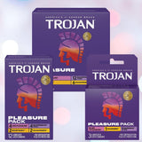 Three boxes of Trojan Pleasure Pack Variety Condom Sampler by Trojan, featuring a colorful design with the Trojan helmet logo and offering an assortment of condom types and quantities.