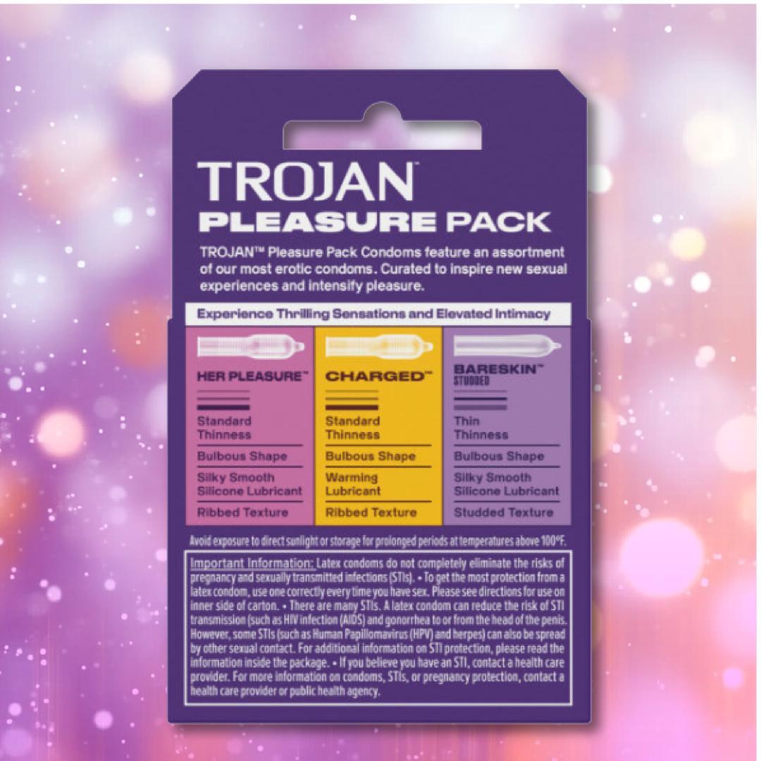 A purple and yellow box labeled "Trojan Pleasure Pack Variety Condom Sampler" by Trojan displays four types of condoms, including ribbed, each with descriptions. The background features sparkling pink and purple bokeh lights.