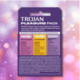A purple and yellow box labeled "Trojan Pleasure Pack Variety Condom Sampler" by Trojan displays four types of condoms, including ribbed, each with descriptions. The background features sparkling pink and purple bokeh lights.