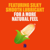 An image of a corn cob partially wrapped in green husk appears below bold yellow and white text stating, "Featuring silky smooth lubricant for ultra stimulation," on an orange background, promoting Trojan Ultra Ribbed Armor Condoms by Trojan.