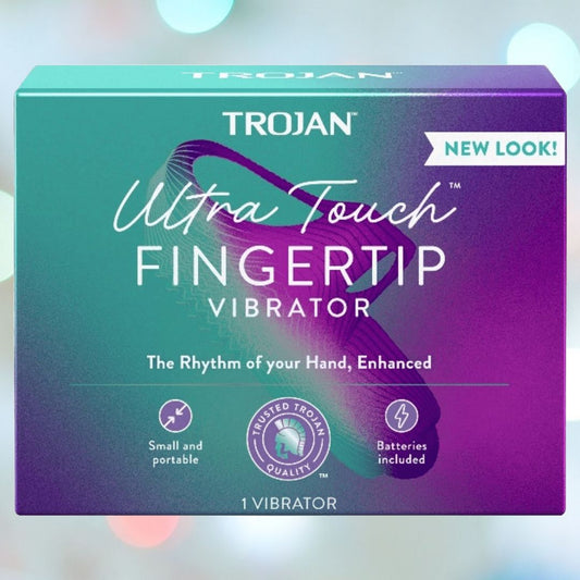 The "Trojan Ultra Touch Bullet and Massager" by Trojan is encased in a vibrant box with a purple and teal gradient. It promotes sexual health by highlighting features like being small and portable, with batteries included, and boasts a fresh new look. It's perfect for discreet yet delightful experiences. 1080