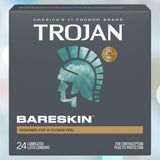 A 24-count box of Trojan BareSkin Ultra Thin Condoms by Trojan, with a teal helmet logo, features "Designed for a closer feel" on its packaging and offers ultra-thin condoms for contraception and STI protection.