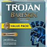 A package of Trojan BareSkin Ultra Thin Condoms, branded as "America's #1 Condom," delivers maximum protection with 24 lubricated latex condoms that are 50% thinner, specifically crafted for contraception and STI prevention. The teal box showcases a stylized Trojan helmet graphic.