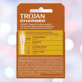 Package of Trojan Charged Deep-Ribbed Condoms by Trojan, featuring a thin design, bulbous shape, deep ribs, and warming lubricant, set against a blurred bokeh-lit background.