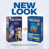 Side-by-side image of old (purple) and new (blue) Trojan Discovery Pack (3 Types of Condoms) packaging, with an arrow labeled "NEW LOOK." Note: Variety pack packaging may vary.