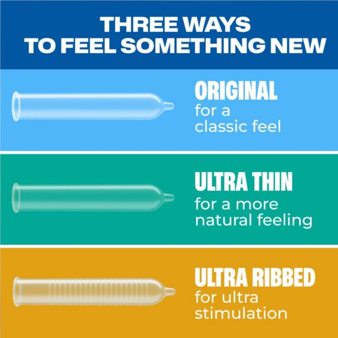 Infographic features the Trojan Discovery Pack by Trojan, with three condom types: Original (classic feel), Ultra Thin (natural touch), and Ultra Ribbed (extra stimulation), each shown with a simple illustration.
