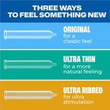 Infographic features the Trojan Discovery Pack by Trojan, with three condom types: Original (classic feel), Ultra Thin (natural touch), and Ultra Ribbed (extra stimulation), each shown with a simple illustration.