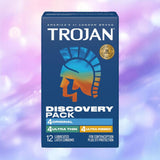 The Trojan Discovery Pack by Trojan features a blue and orange Spartan helmet design and includes 12 lubricated latex condoms: Original, Ultra Thin, and Ultra Ribbed for varied experiences.