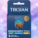 A blue box of Trojan Discovery Pack (3 Types of Condoms) by Trojan, with a multicolor helmet logo. Includes 3 lubricated latex condoms: 1 ultra thin, 1 original, and 1 ultra ribbed for extra sensation.