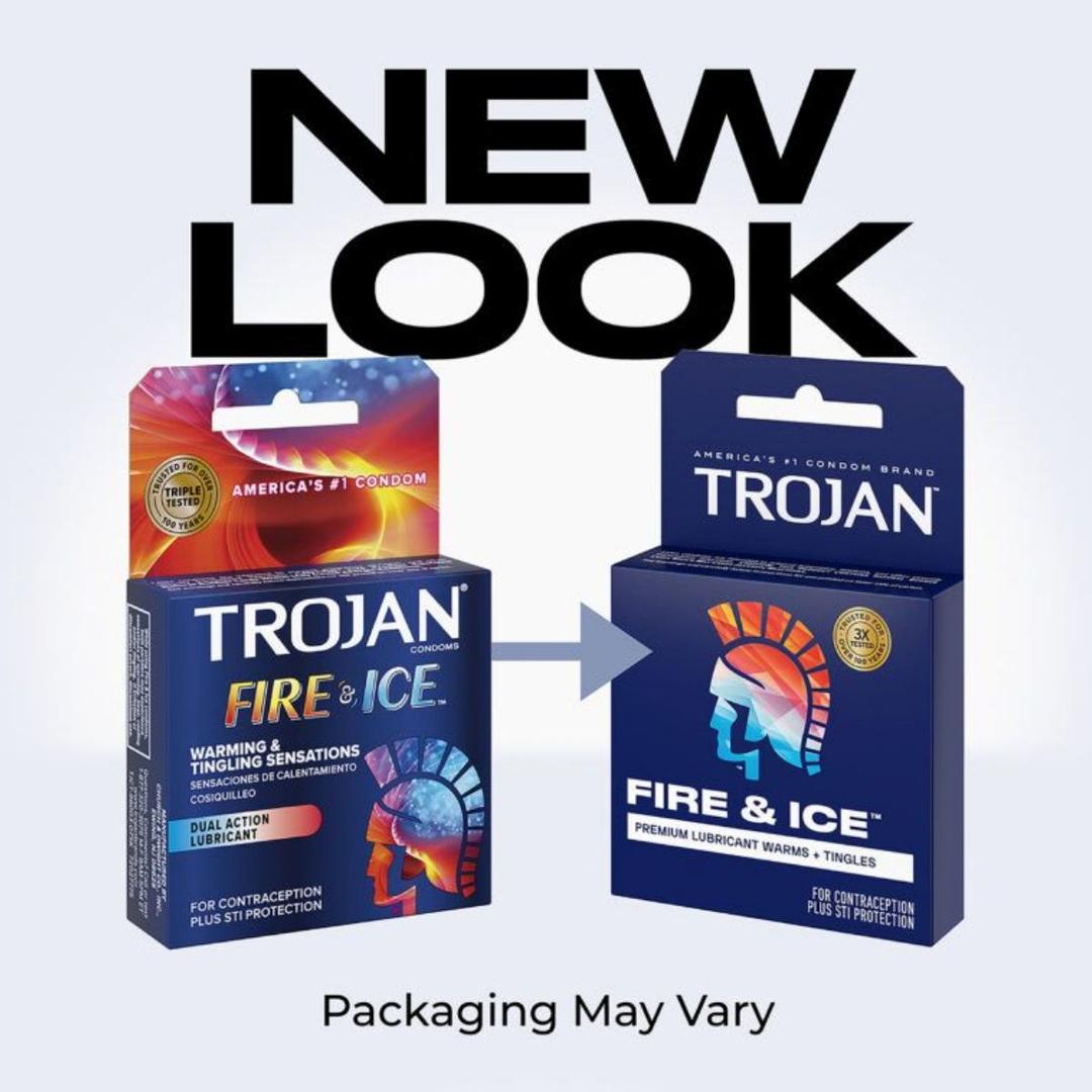 Two boxes of Trojan Fire and Ice Condoms (Hot & Cold Condom) by Trojan are shown with an arrow highlighting the new packaging. "NEW LOOK" appears above, with "Packaging May Vary" below. Enjoy comfort fit plus warming and tingling sensations.