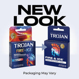 Two boxes of Trojan Fire and Ice Condoms (Hot & Cold Condom) by Trojan are shown with an arrow highlighting the new packaging. "NEW LOOK" appears above, with "Packaging May Vary" below. Enjoy comfort fit plus warming and tingling sensations.