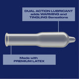 A transparent Trojan Fire and Ice Condom (Hot & Cold Condom) is shown on a blue background. Text highlights: “Dual action lubricant adds warming and tingling sensations” and “Made with premium latex.” Experience comfort fit.