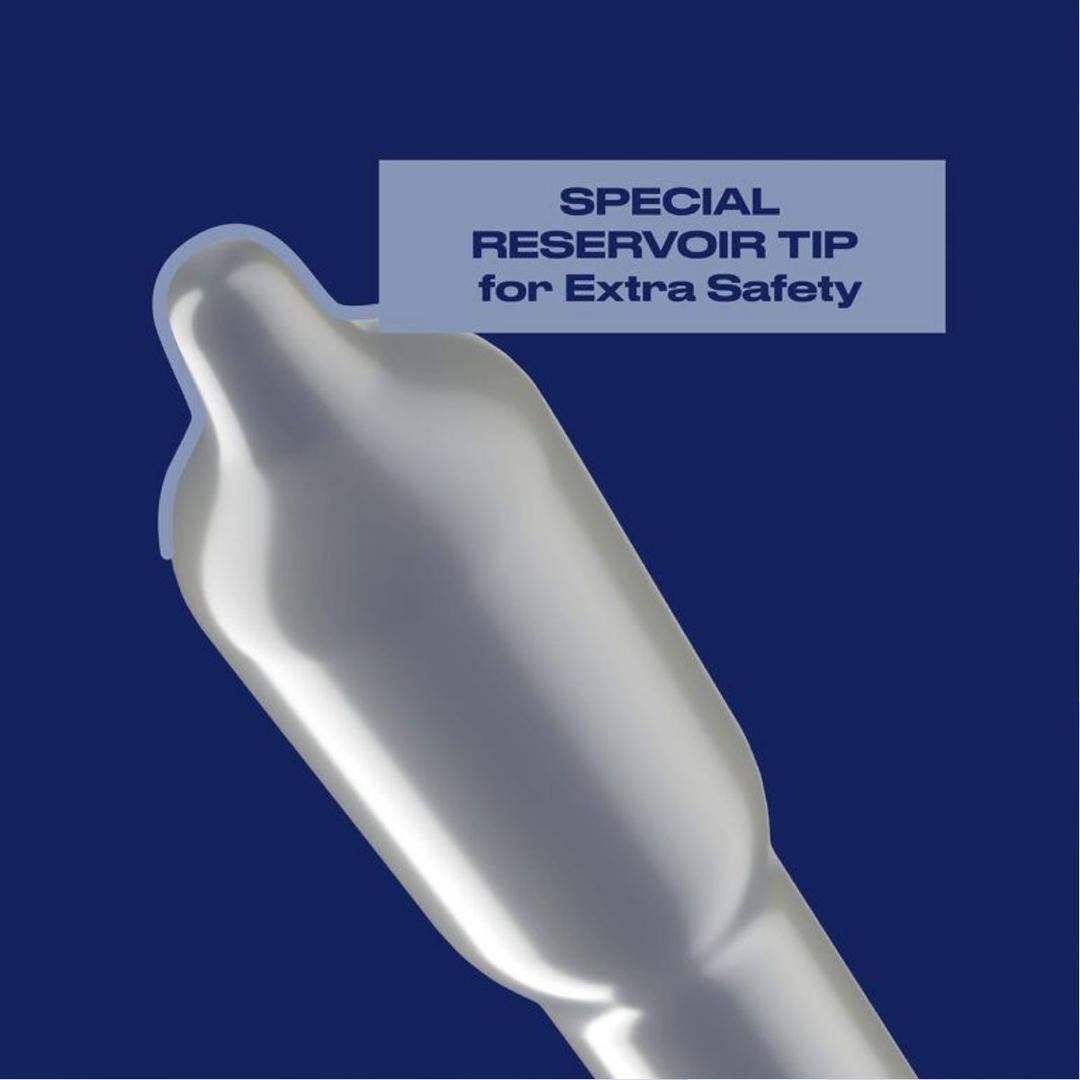 Close-up of a Trojan Fire and Ice Condom (Hot & Cold Condom) by Trojan with reservoir tip on blue background. Text: "Special reservoir tip for extra safety plus warming and tingling sensations.