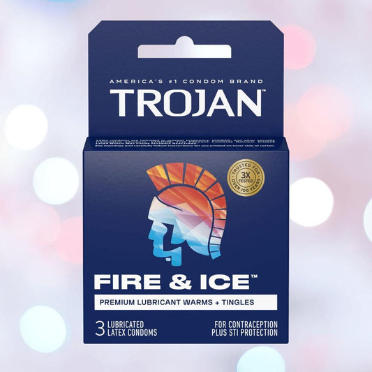 A blue box of Trojan Fire and Ice Condoms (Hot & Cold Condom) by Trojan displays a stylized Trojan helmet. Text highlights dual action warming and tingling lubricant, comfort fit, STI protection, and 3 lubricated latex condoms. 1080