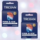 Two boxes of Trojan Fire and Ice Condoms (Hot & Cold Condom) by Trojan rest on a soft pastel background with pink and white bokeh circles, featuring bold blue and red Trojan helmet graphics.
