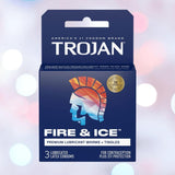 A blue box of Trojan Fire and Ice Condoms (Hot & Cold Condom) by Trojan displays a stylized Trojan helmet. Text highlights dual action warming and tingling lubricant, comfort fit, STI protection, and 3 lubricated latex condoms.