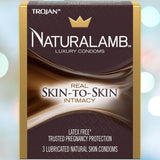 Displayed is a box of Trojan Naturalamb Latex-Free Condoms. The front of the box features text that reads "Naturalamb Luxury Condoms," "Real Skin-to-Skin Intimacy," "Latex-Free," "Trusted Pregnancy Protection," and "3 Lubricated Natural Skin Condoms.