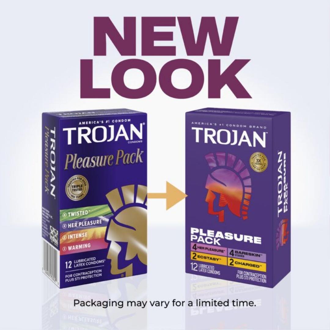 Two boxes of Trojan Pleasure Pack Variety Condom Sampler condoms are shown: the old design on the left and the "New Look" box on the right, highlighting Trojan’s fresh packaging for their popular condom sampler. Arrow points from old to new.