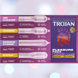 A Trojan Pleasure Pack Variety Condom Sampler from Trojan is displayed, featuring four types with textured and lubricated condoms on a purple background.