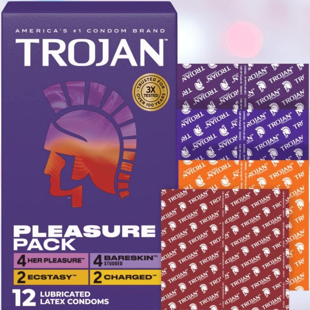 The Trojan Pleasure Pack Variety Condom Sampler by Trojan is shown with 12 lubricated latex condoms in assorted types. Purple, orange, and red individual condom wrappers are displayed next to the box.